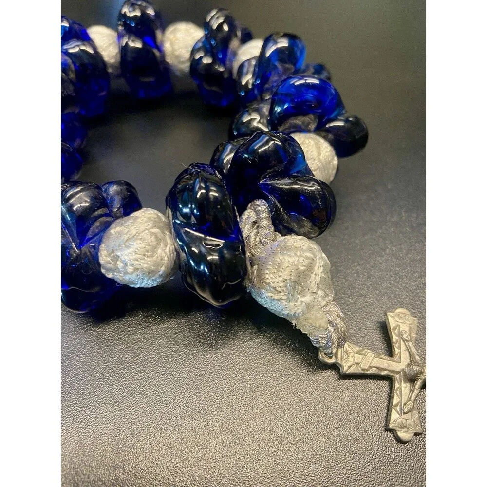 Vintage Italian Blue Murano Glass Rosary Beads Silver Tone Crucifix Handmade